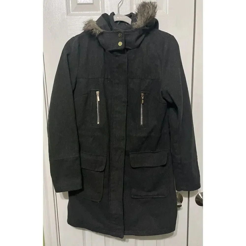 Yoki‎ Women’s Dark Gray Faux Fur Pea Coat Long Jacket  Size M